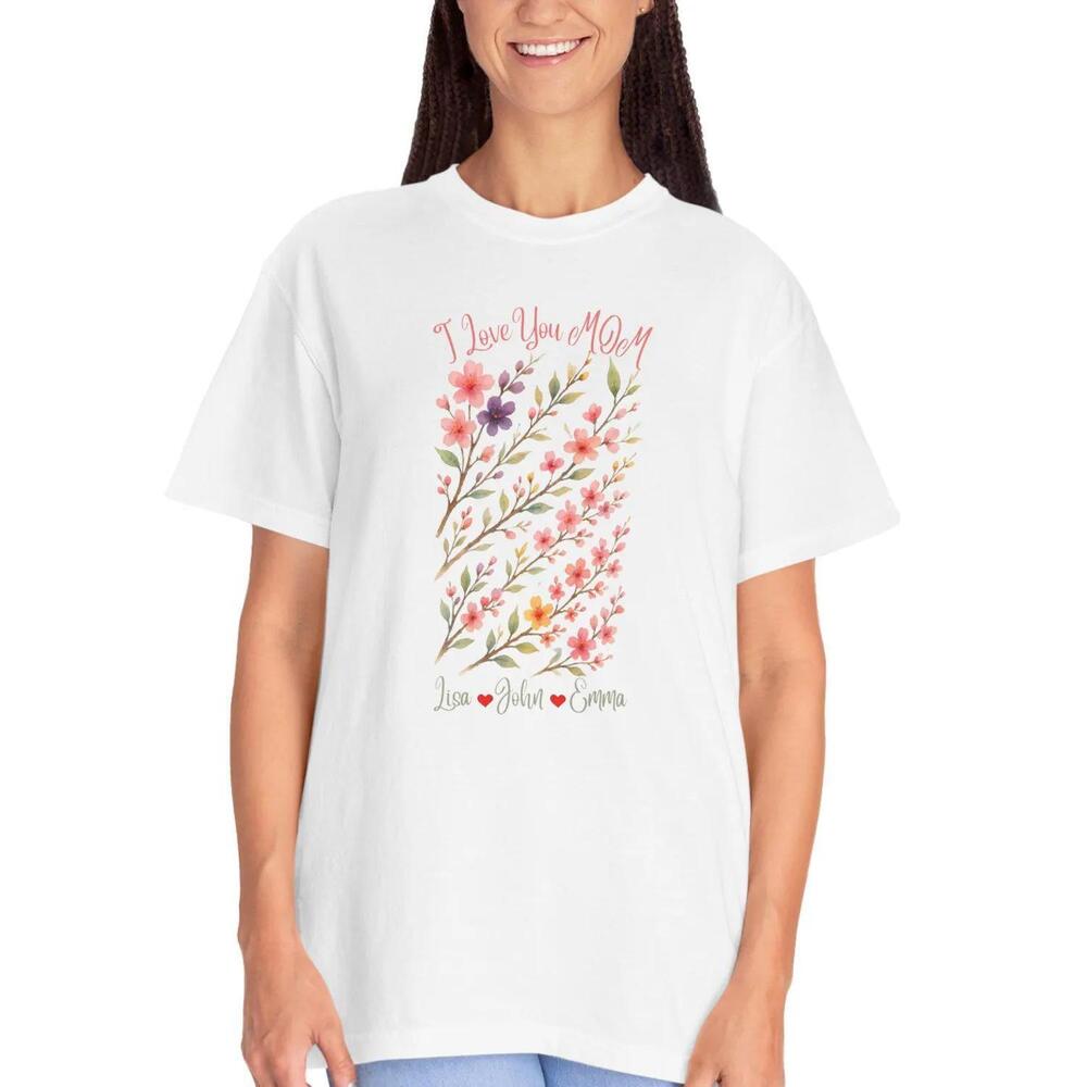 Personalized Floral Mom T-Shirt  Custom Kids Names, Watercolor Design, S